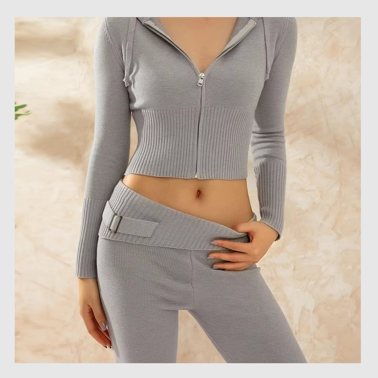 Ensemble Lounge Côtelé Confort – Hoodie Zippé & Pantalon Taille Haute